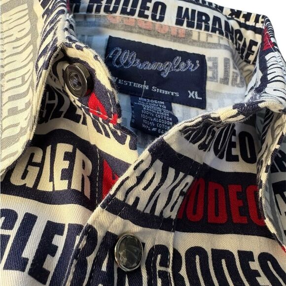 90s Wrangler Rodeo AOP Pearl Snap Button Up Shirt XL - Picture 2 of 3